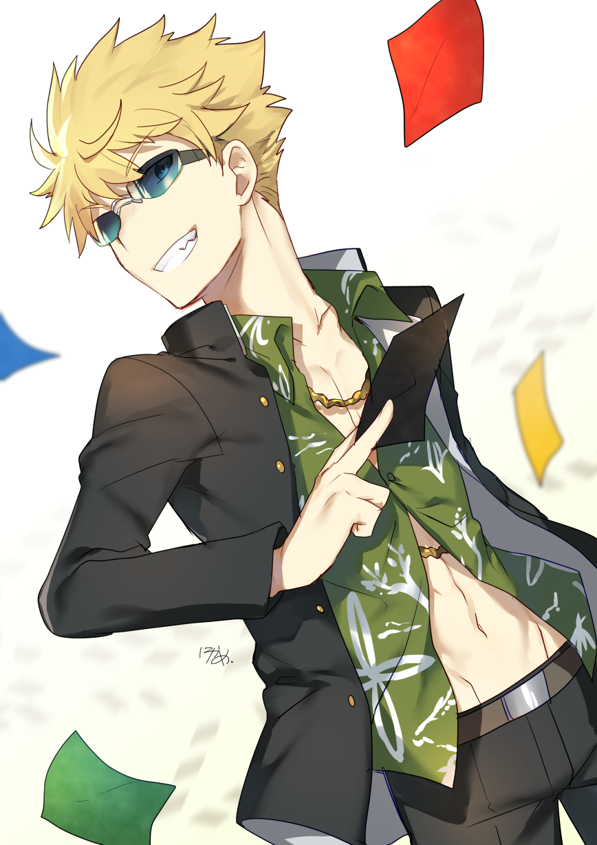 1boy belt blonde_hair gakuran grin hawaiian_shirt highres jewelry male_focus necklace nikame paper school_uniform shirt smile solo sunglasses to_aru_majutsu_no_index tsuchimikado_motoharu