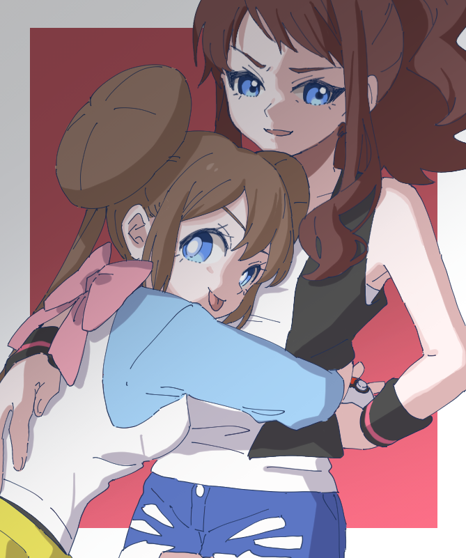 2girls ankea_(a-ramo-do) bangs bare_shoulders black_vest blue_eyes blue_shorts border breasts brown_hair closed_mouth collarbone cowboy_shot denim denim_shorts double_bun hand_on_hip happy holding holding_poke_ball hug looking_at_viewer looking_back mei_(pokemon) multiple_girls open_mouth pantyhose poke_ball poke_ball_(generic) pokemon pokemon_(game) pokemon_bw pokemon_bw2 ponytail red_background shirt short_shorts shorts simple_background sleeveless sleeveless_shirt small_breasts smile standing swept_bangs tied_hair tongue tongue_out touko_(pokemon) twintails vest white_border white_shirt yuri