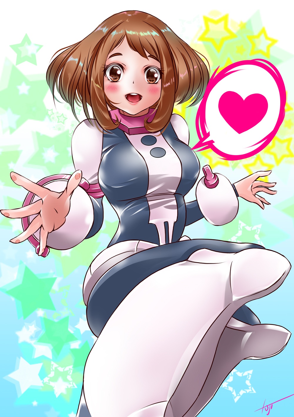 1girl :d blush bodysuit boku_no_hero_academia boots breasts brown_eyes brown_hair commentary_request heart highres koji_(kojikojimdw) large_breasts looking_at_viewer open_mouth short_hair sidelocks skin_tight smile solo spoken_heart star uraraka_ochako