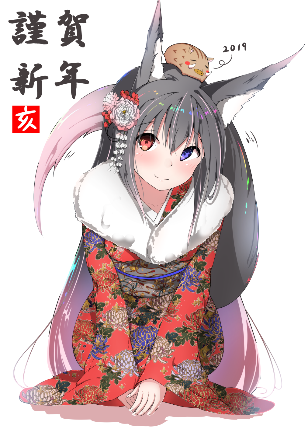 1girl animal animal_ear_fluff animal_ears animal_on_head bangs black_hair blue_eyes blunt_bangs blush commentary_request floral_print flower fox_ears fox_girl fox_tail gradient_hair hair_flower hair_ornament heterochromia highres japanese_clothes kimono long_hair multicolored_hair nossan_(mr._riding) on_head original pig red_eyes simple_background solo tail translated white_background wide_sleeves