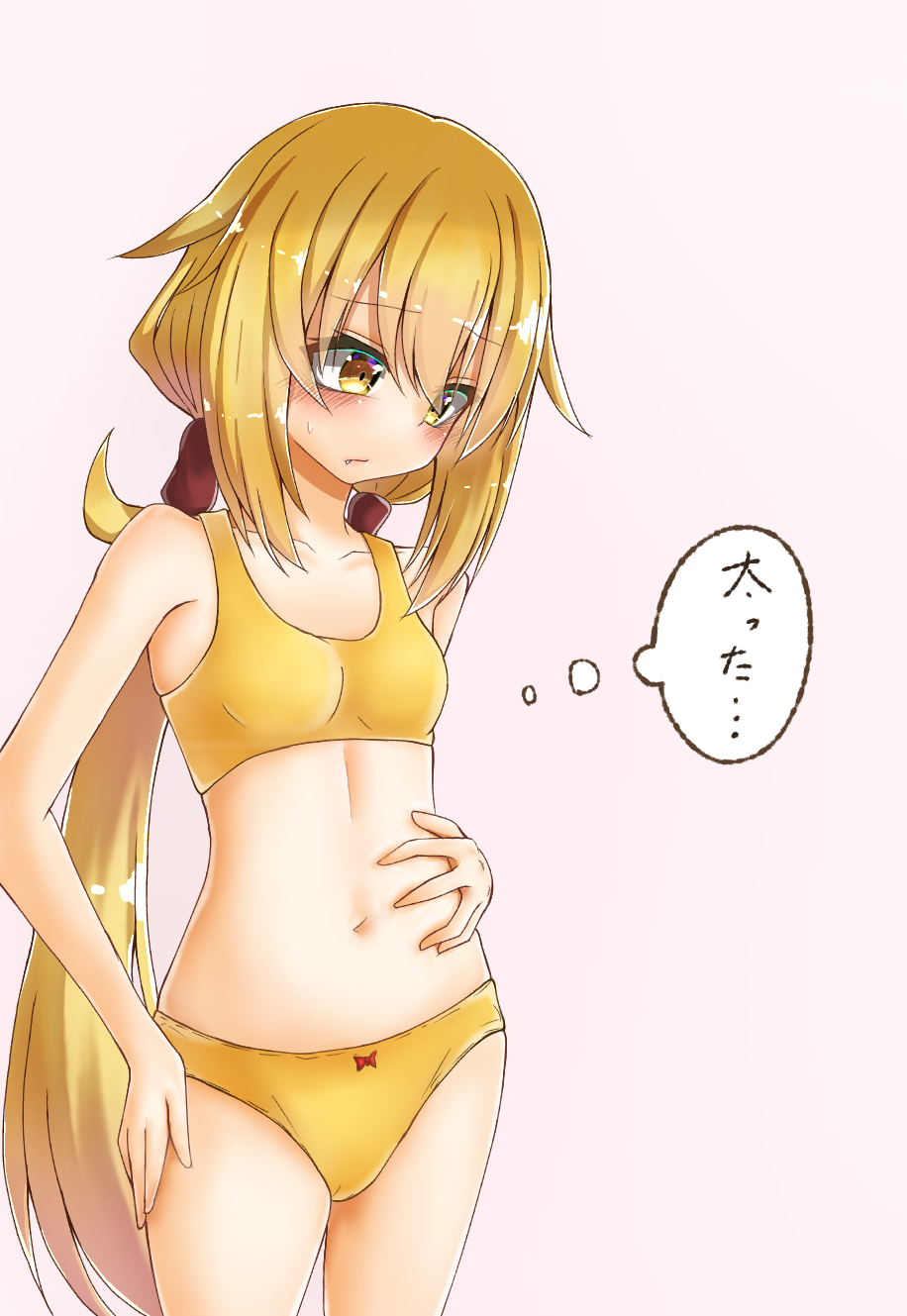 1girl belly_grab blonde_hair blush bow bow_panties bra breasts closed_mouth commentary_request cowboy_shot eyebrows_visible_through_hair fang frown hair_ornament hair_scrunchie hand_on_hip hand_on_own_stomach highres kantai_collection kiriha_kizuki lips long_hair long_sleeves looking_down low_twintails navel panties partial_commentary pink_background satsuki_(kantai_collection) scrunchie skindentation small_breasts solo standing sweatdrop thighs thought_bubble training_bra translated twintails underwear underwear_only weight_conscious yellow_bra yellow_eyes yellow_panties