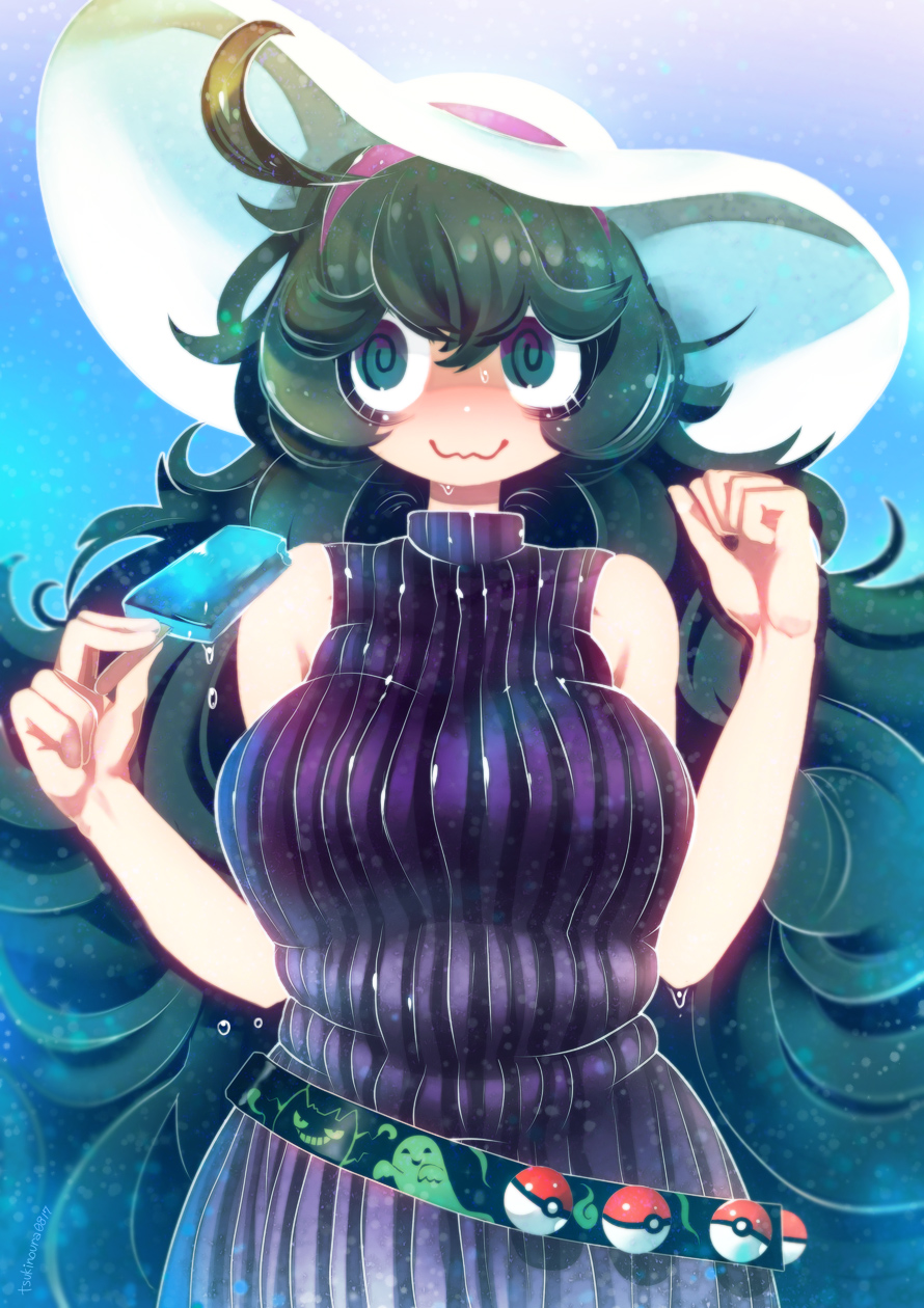 1girl ahoge al_bhed_eyes bare_arms bare_shoulders black_hair breasts closed_mouth dress food gen_1_pokemon gengar hairband hakkasame hands_up hat hex_maniac_(pokemon) highres holding holding_food large_breasts long_hair melting messy_hair npc_trainer poke_ball poke_ball_(generic) pokemon pokemon_(game) pokemon_xy popsicle purple_dress purple_hairband ribbed_dress sleeveless sleeveless_dress smile solo sun_hat sweat very_long_hair wavy_mouth white_headwear