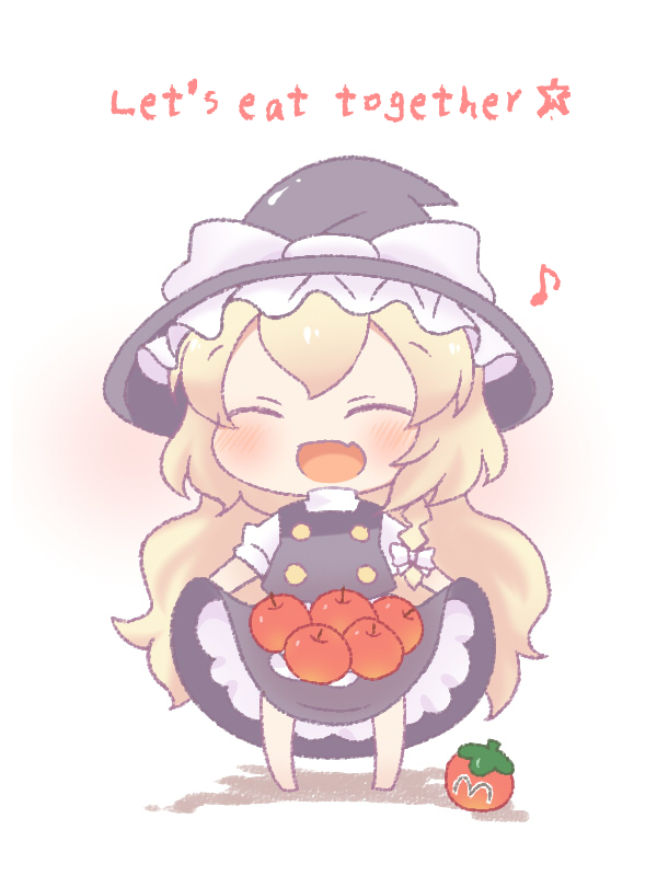 1girl apple apron bangs black_headwear black_skirt black_vest blonde_hair blush blush_stickers bow braid buttons chibi ciyomikaduki closed_eyes clothes_lift dress english_text fang food frilled_skirt frills fruit fruit_on_skirt hair_between_eyes hair_bow hat hat_bow holding holding_food holding_fruit kirby_(series) kirisame_marisa long_hair looking_at_viewer maxim_tomato musical_note open_mouth puffy_short_sleeves puffy_sleeves ribbon short_sleeves simple_background single_braid skin_fang skirt skirt_lift skirt_set smile solo touhou vest waist_apron wavy_hair white_apron white_background white_bow witch_hat