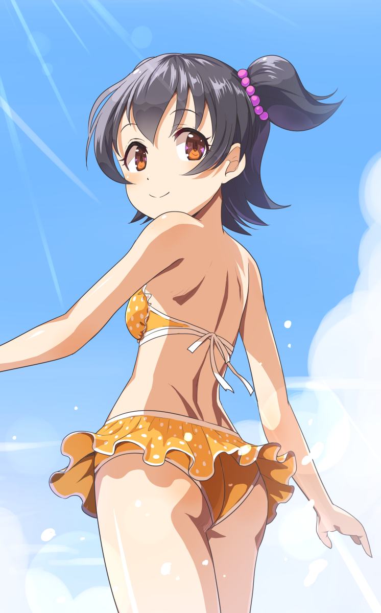 1girl akagi_miria ass bikini black_hair breasts brown_eyes clouds day from_behind highres idolmaster idolmaster_cinderella_girls looking_back mashou_boy outdoors polka_dot polka_dot_swimsuit short_hair sky small_breasts smile solo swimsuit two_side_up yellow_bikini