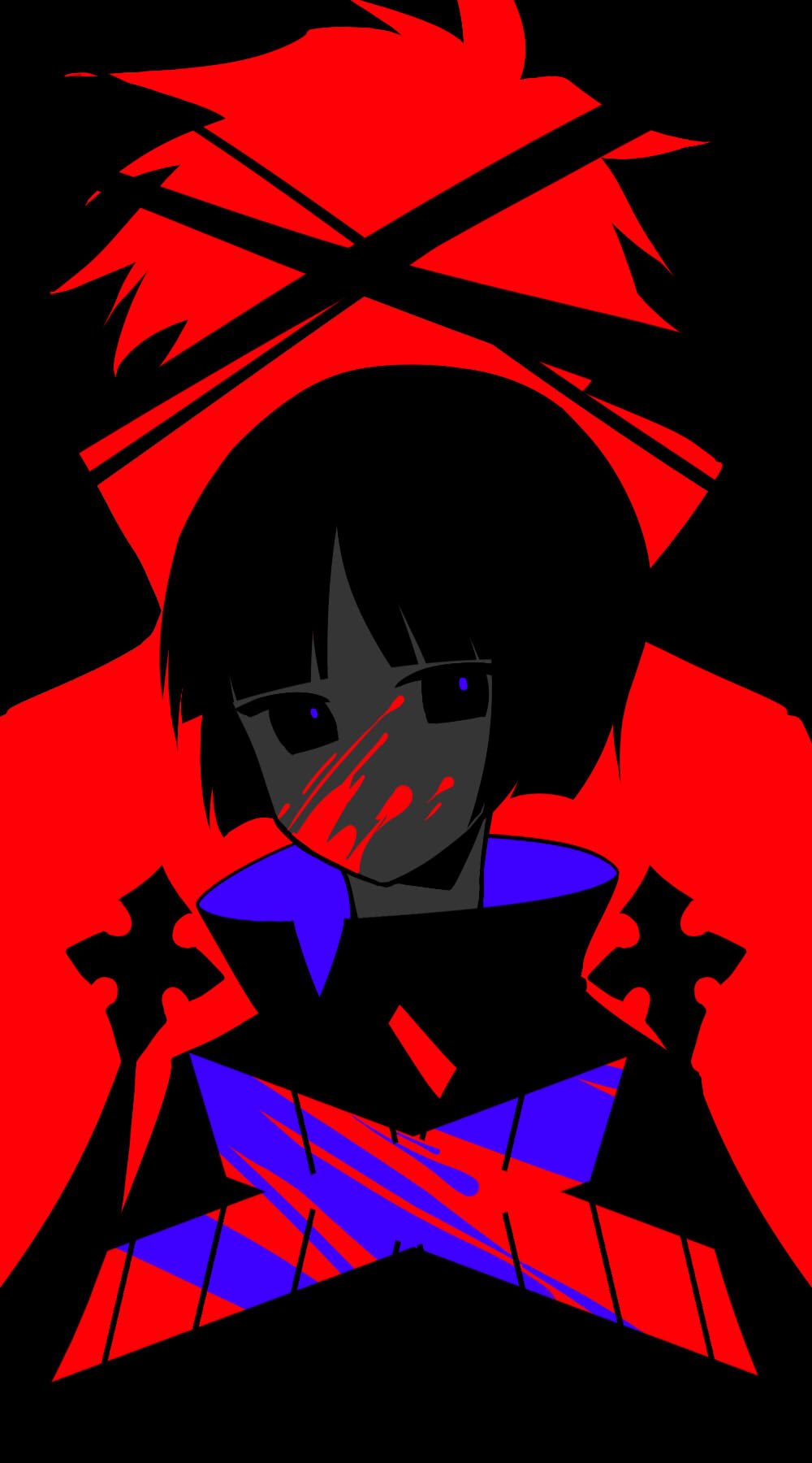 1boy assassination black_background black_hair blazblue blazblue:_central_fiction blood blood_on_face bloody_clothes bowl_cut closed_mouth hibiki_kohaku highres jacket kagura_mutsuki looking_at_viewer male_focus military military_uniform multiple_boys poncho short_hair teatia15 uniform