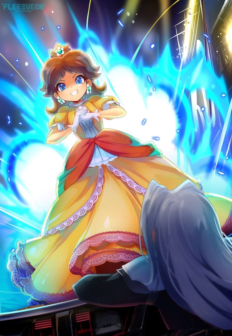 1boy 1girl artist_name battle blue_eyes breasts brown_hair cliff crown dress earrings evil_grin evil_smile explosion final_fantasy final_fantasy_vii fleesveon flower_earrings gloves grin image_sample jewelry long_dress long_hair looking_at_another looking_down medium_breasts orange_dress princess_daisy puffy_short_sleeves puffy_sleeves sephiroth short_sleeves smile super_mario_bros. super_smash_bros. third-party_source tomboy walking white_gloves white_hair