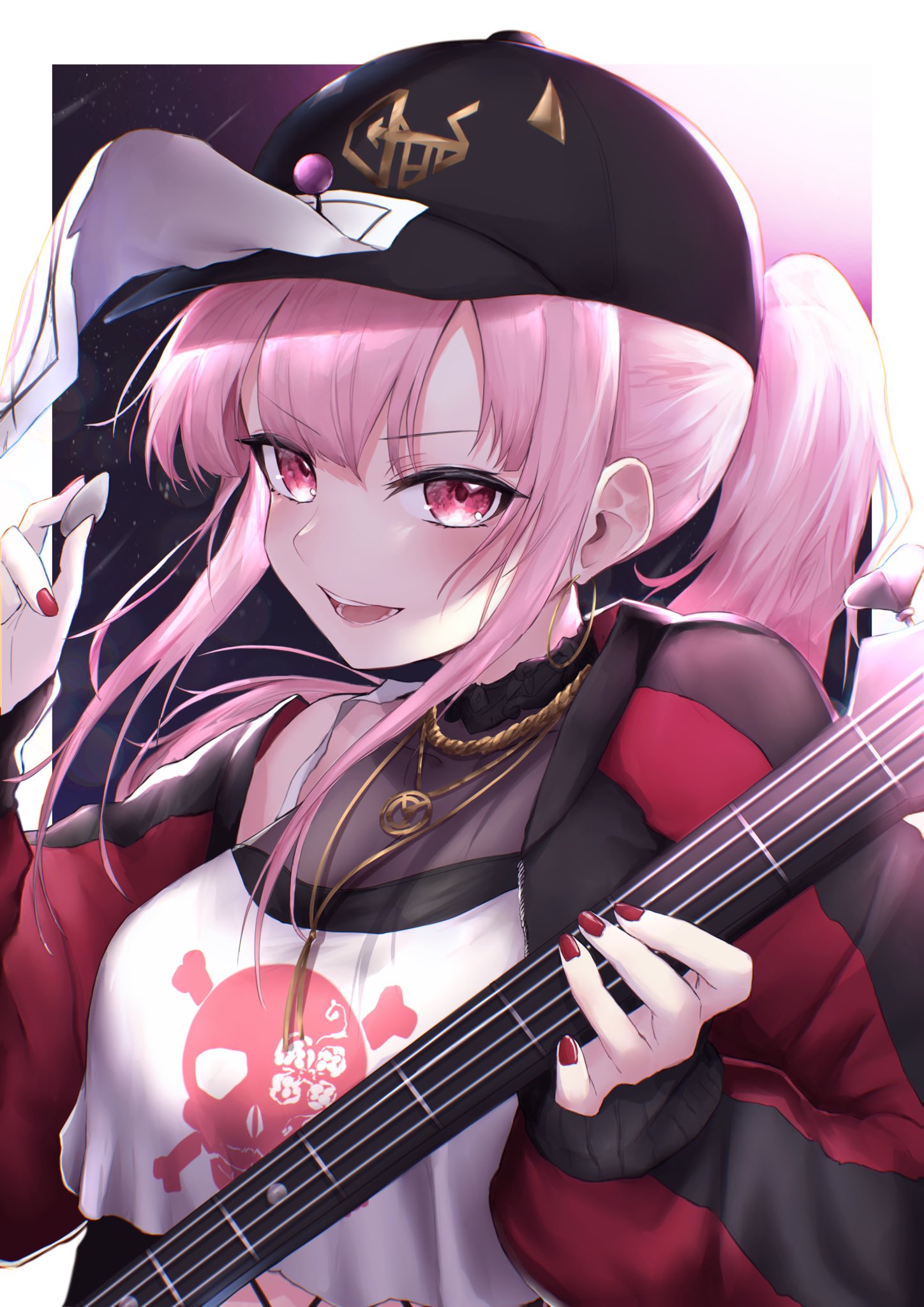 1girl :d baseball_cap bass_guitar blush earrings hat highres hinamayo hololive hololive_english hoop_earrings jacket jewelry long_hair long_sleeves looking_at_viewer mori_calliope nail_polish necklace ofuda_on_head pink_eyes pink_hair plectrum ponytail red_nails skull_and_crossbones smile solo upper_body virtual_youtuber