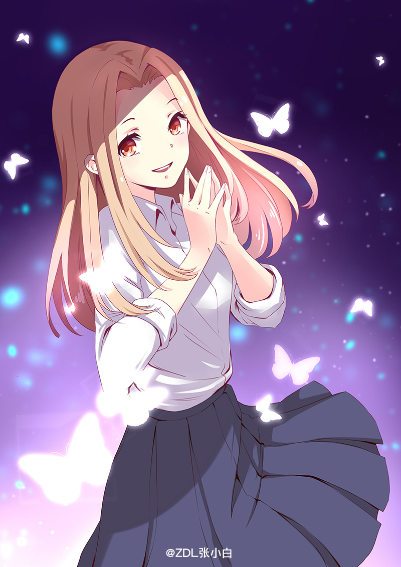 1girl :d blonde_hair blue_skirt brown_eyes bug butterfly digimon dress_shirt floating_hair insect long_hair looking_at_viewer open_mouth pleated_skirt shirt skirt smile solo standing tachikawa_mimi white_shirt zdl_xiaobai