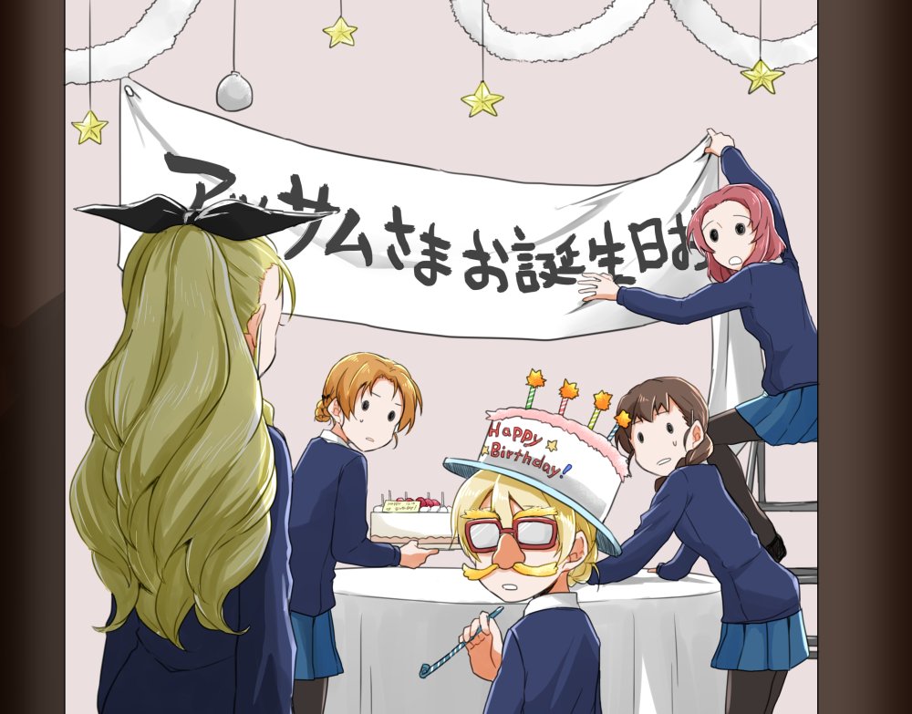 5girls assam bangs banner birthday_cake black_bow black_legwear black_ribbon blonde_hair blue_skirt blue_sweater bow braid brown_hair cake commentary darjeeling dress_shirt english_text fake_facial_hair fake_mustache food frown funny_glasses garland_(decoration) girls_und_panzer glasses hair_bow hair_ornament hair_over_shoulder hair_ribbon hairclip happy_birthday hat indoors ladder leaning_forward long_hair long_sleeves looking_at_another looking_back miniskirt multiple_girls opaque_glasses open_mouth orange_hair orange_pekoe pantyhose parted_lips party_horn pillarboxed pleated_skirt redhead ribbon rosehip rukuriri school_uniform shirt short_hair single_braid sitting skirt solid_circle_eyes st._gloriana's_school_uniform standing star sweatdrop sweater table tablecloth tied_hair translated v-neck white_headwear white_shirt yuuhi_(arcadia)