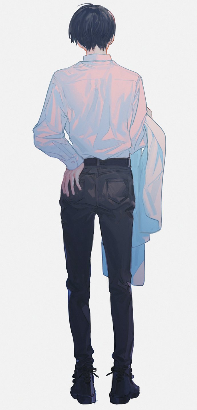 1boy ass belt black_hair black_pants dress_shirt from_behind full_body grey_background hand_on_own_ass highres hirota_tsuu holding labcoat long_sleeves male_focus original pale_skin pants pocket shirt shoes simple_background solo white_shirt