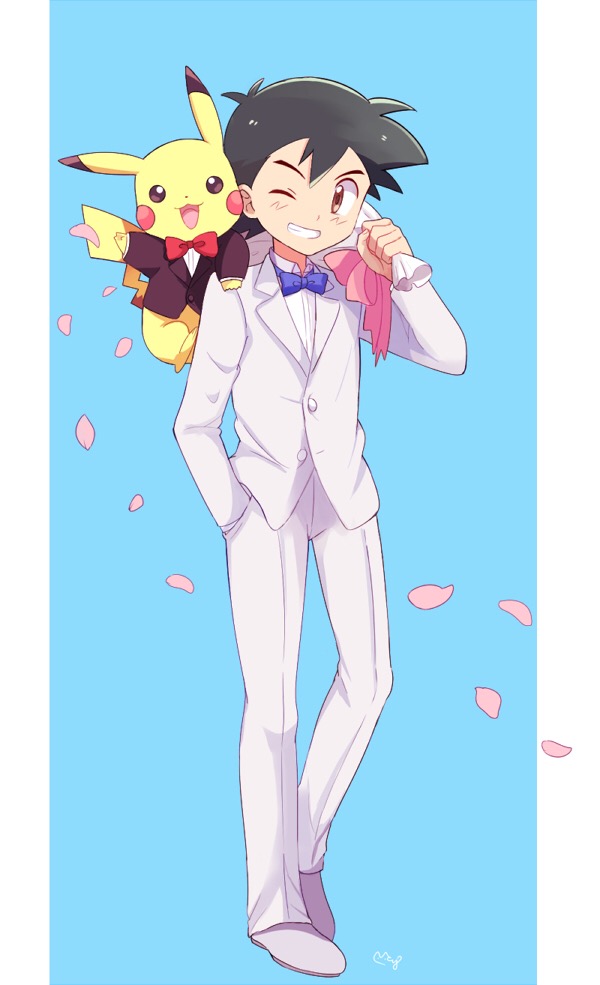 1boy :3 arm_up artist_name bangs black_jacket blue_background blue_neckwear blush_stickers bouquet bow bowtie brown_eyes flower formal full_body gen_1_pokemon grin hand_in_pocket hand_up happy holding jacket jpeg_artifacts long_sleeves looking_at_another looking_at_viewer looking_to_the_side male_focus mei_(maysroom) one_eye_closed open_mouth pants petals pikachu pink_bow pokemon pokemon_(anime) pokemon_(creature) pokemon_on_shoulder red_neckwear satoshi_(pokemon) shirt shoes signature simple_background smile standing suit teeth tuxedo white_footwear white_jacket white_pants white_shirt white_suit