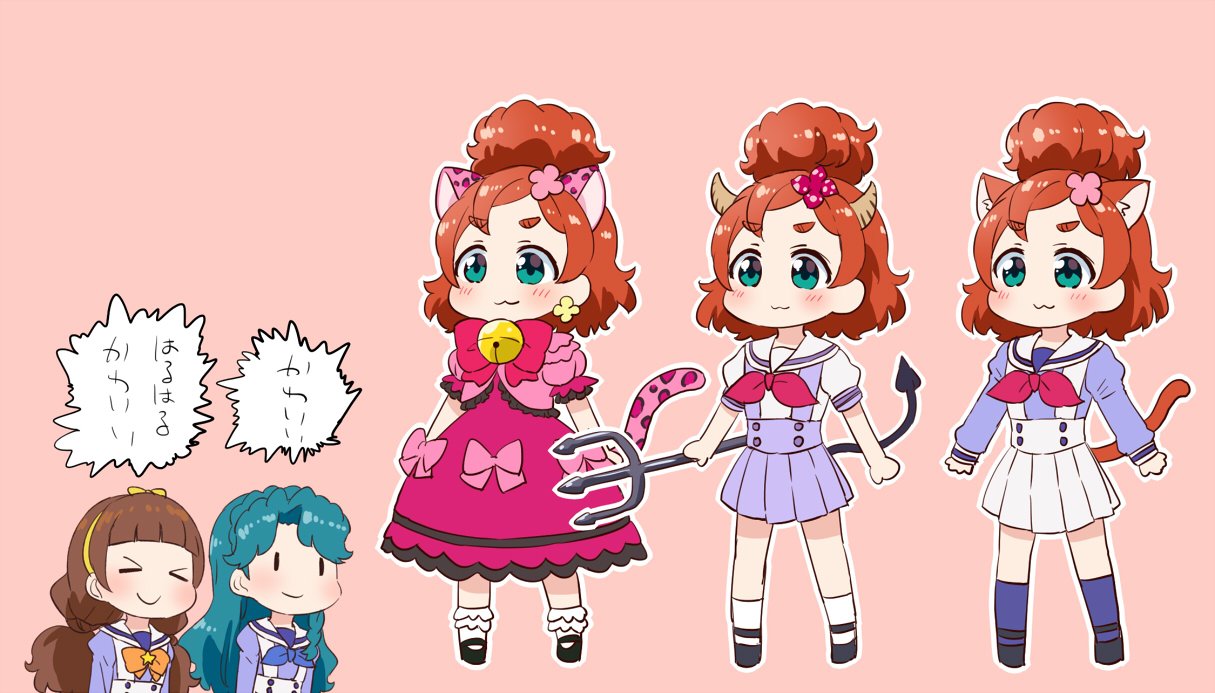 &gt;_&lt; 5girls :3 amanogawa_kirara animal_ears aqua_hair bell blush bow bowtie braid brown_hair cat_ears cat_tail chibi chibi_inset commentary crown_braid demon_horns demon_tail dress dress_bow earrings flower flower_earrings go!_princess_precure green_eyes hair_bow hair_flower hair_ornament hairband haruno_haruka holding holding_weapon horns jewelry kaidou_minami kemonomimi_mode kurokawa_makoto loafers long_dress long_hair long_sleeves multiple_girls multiple_persona neckerchief noble_academy_school_uniform panther_pink_(precure) polearm precure puffy_short_sleeves puffy_sleeves sailor_collar school_uniform serafuku shoes short_hair short_sleeves skirt smile socks speech_bubble star tail thick_eyebrows translated trident twintails weapon |_|