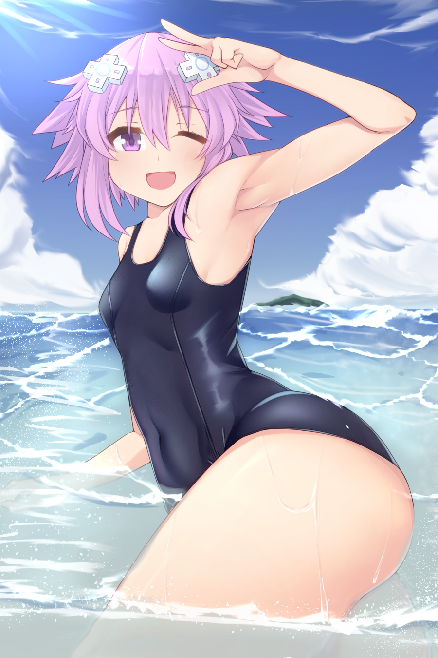 1girl ;d armpits blush breasts choujigen_game_neptune clouds cloudy_sky covered_navel d-pad d-pad_hair_ornament day dura eyebrows_visible_through_hair goddess hair_ornament highres looking_at_viewer neptune_(neptune_series) neptune_(series) ocean old_school_swimsuit one-piece_swimsuit one_eye_closed open_mouth outdoors purple_hair salute school_swimsuit short_hair sky small_breasts smile solo swimsuit thick_thighs thighs violet_eyes wet
