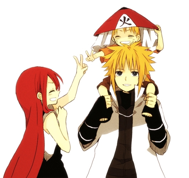 1girl 2boys ^_^ adjusting_headwear anzu_(o6v6o) black_footwear black_gloves blonde_hair borrowed_garments carrying child clenched_hand closed_eyes commentary_request family fingerless_gloves gloves grin hand_on_own_chest hand_up hat long_hair multiple_boys namikaze_minato naruto naruto_(series) redhead sandals shoulder_carry sidelocks simple_background smile spiky_hair upper_body uzumaki_kushina uzumaki_naruto whisker_markings white_background white_robe