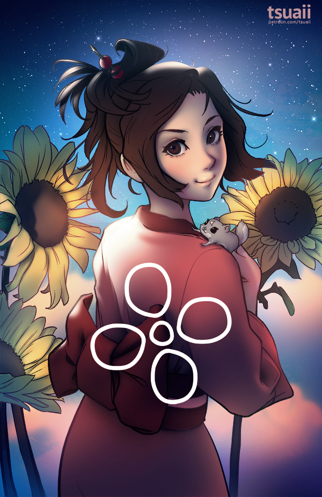 1girl animal animal_on_shoulder back_bow bow brown_eyes brown_hair closed_mouth commentary english_commentary flower fuu hair_ornament japanese_clothes jonathan_hamilton kimono large_bow long_sleeves looking_at_viewer looking_back pink_kimono ponytail red_sash samurai_champloo short_hair smile solo standing sunflower wide_sleeves yellow_flower