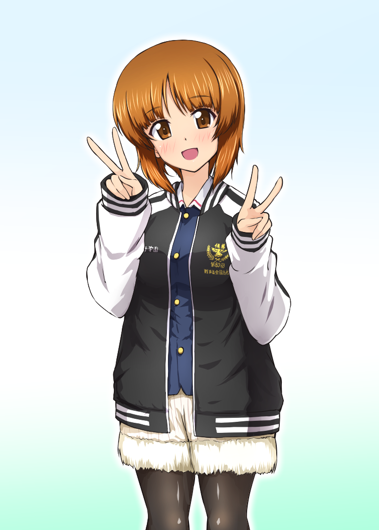 1girl :d bangs black_jacket black_legwear blue_jacket blush brown_eyes brown_hair casual clothes_writing commentary_request cowboy_shot cutoffs diesel-turbo double_v eyebrows_visible_through_hair girls_und_panzer gradient gradient_background green_background head_tilt jacket legwear_under_shorts long_sleeves looking_at_viewer nishizumi_miho ooarai_military_uniform open_clothes open_jacket open_mouth pantyhose shirt short_hair shorts smile solo standing translated v white_shirt