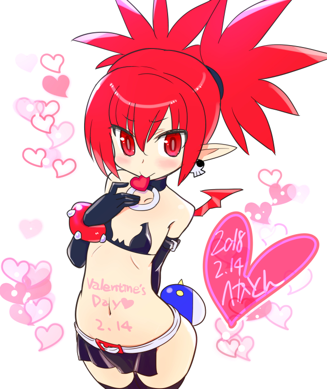 1girl bat_wings bikini blush braid commentary_request demon_tail disgaea earrings elbow_gloves etna gloves hekaton jewelry midriff mouth_hold navel pointy_ears red_eyes redhead smile solo swimsuit tail thigh-highs twin_braids valentine wings