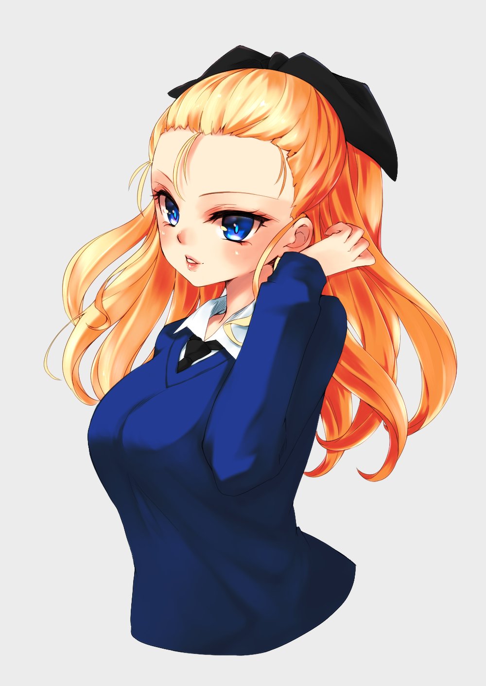 1girl assam_(girls_und_panzer) black_neckwear black_ribbon blonde_hair blue_eyes blue_sweater commentary cropped_torso dress_shirt girls_und_panzer grey_background hair_pulled_back hair_ribbon hand_in_hair highres lips long_hair long_sleeves necktie no_emblem parted_lips ribbon school_uniform shirt simple_background solo st._gloriana's_school_uniform sweater umxzo v-neck white_shirt wing_collar