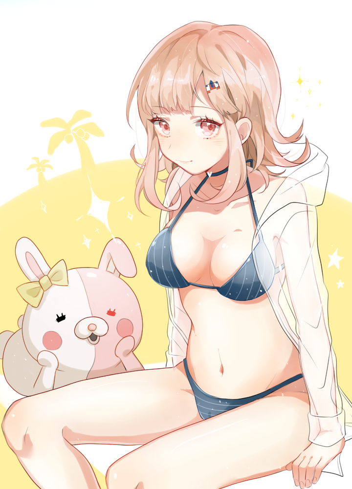 1girl 1other bangs bikini bikini_shorts black_eyes blue_bikini blush breasts closed_mouth commentary_request dangan_ronpa ears fingernails flipped_hair hair_ornament hairpin heart heterochromia hood hoodie kidosora large_breasts light_brown_hair looking_at_viewer medium_hair monomi_(dangan_ronpa) nanami_chiaki navel open_mouth palm_tree pink_eyes rabbit red_eyes ribbon shiny shorts smile star striped striped_bikini super_dangan_ronpa_2 swimsuit tree