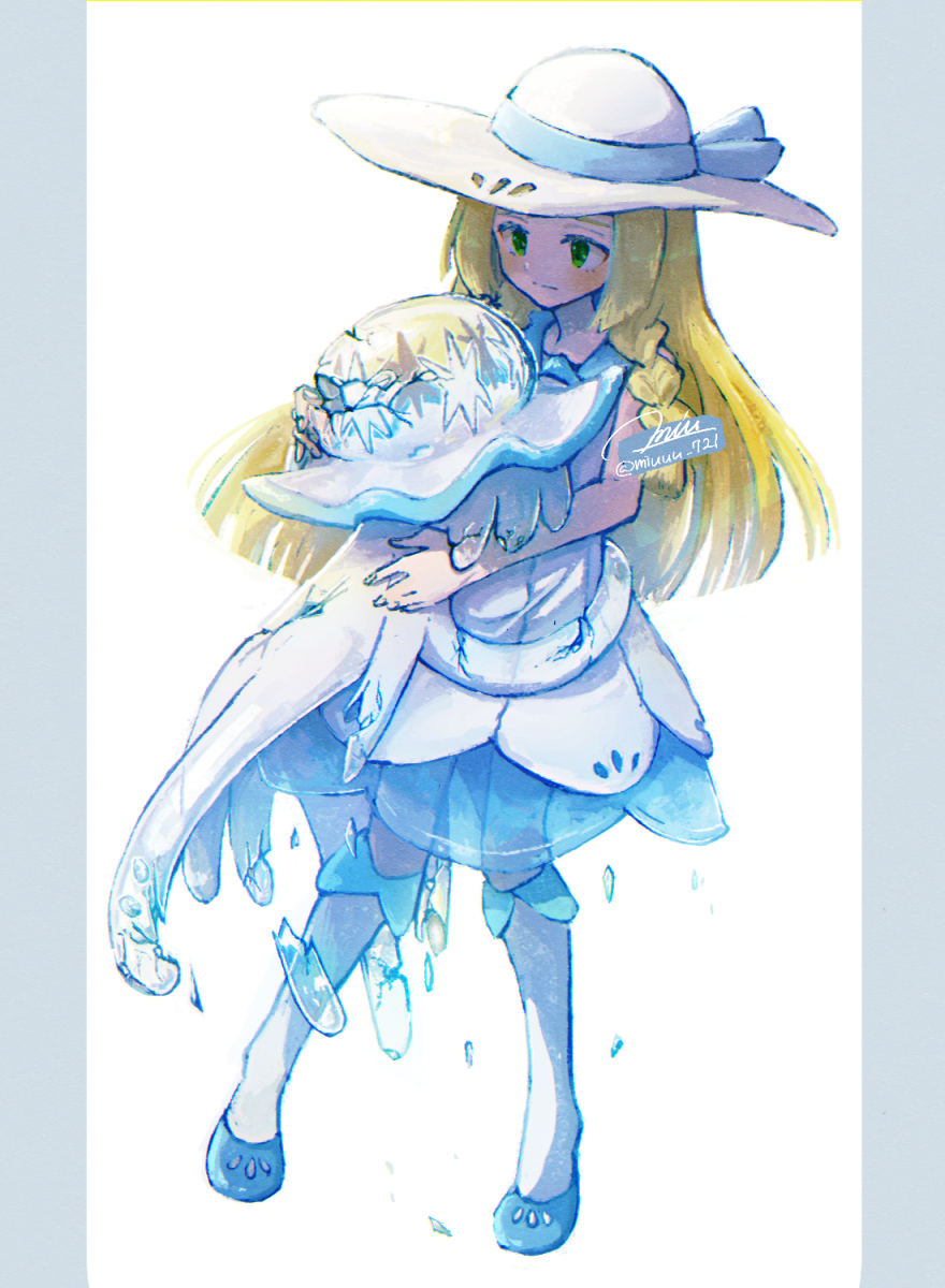 1girl artist_name bare_shoulders blonde_hair blue_footwear blush braid closed_mouth dress full_body gen_7_pokemon green_eyes hat highres holding holding_pokemon hug kneehighs lillie_(pokemon) long_hair miu_(miuuu_721) nihilego pillarboxed pokemon pokemon_(creature) pokemon_(game) pokemon_sm see-through shoes signature simple_background sleeveless sleeveless_dress standing sun_hat tentacles tied_hair twin_braids twitter_username ultra_beast white_background white_dress white_headwear white_legwear