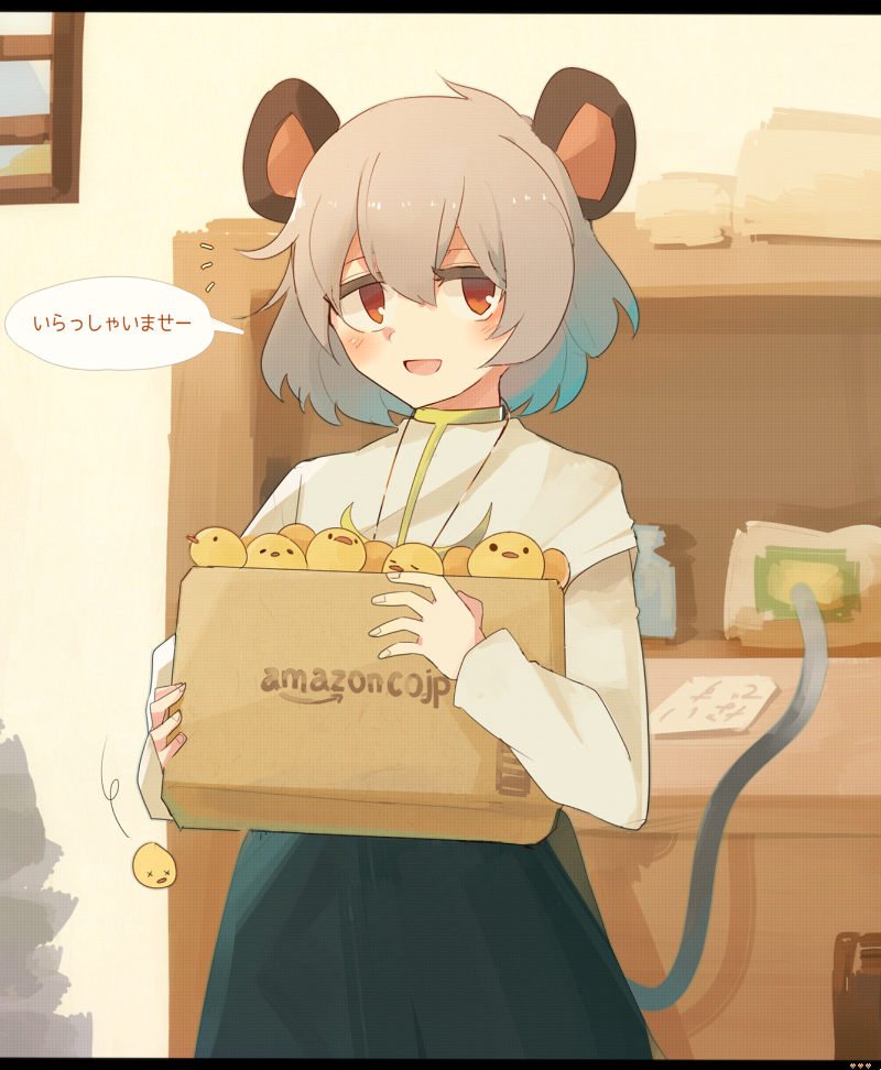 1girl ai_(indigo) animal_ears bird blush box brown_eyes cardboard_box chick cookie_(touhou) grey_hair holding indoors mouse_ears mouse_tail nazrin nyon_(cookie) short_hair solo speech_bubble tail touhou translated