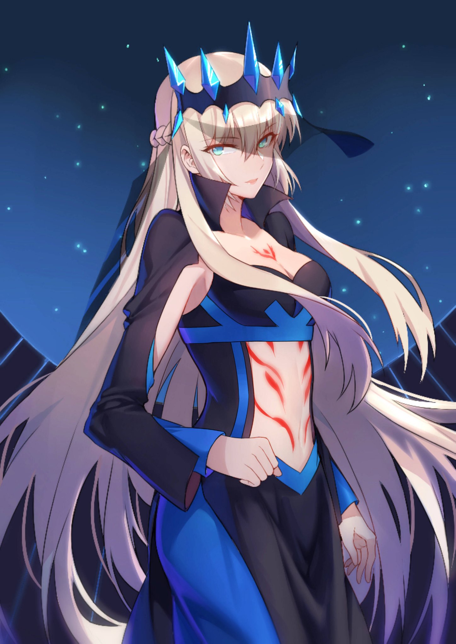 1girl black_veil breasts eyebrows_visible_through_hair fate/grand_order fate_(series) hair_between_eyes highres long_hair looking_at_viewer medium_breasts morgan_le_fay_(fate) sky solo star_(sky) starry_sky very_long_hair yorukun