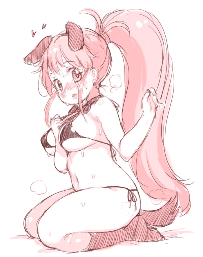 1girl :d animal_ears arm_between_breasts bangs bikini blush breasts dog_ears dog_tail halterneck hand_up heart kneehighs long_hair looking_at_viewer medium_breasts monochrome navel no_shoes open_mouth ponytail randou seiza side-tie_bikini sidelocks sitting sketch smile solo steam sweat swimsuit tail taneshima_popura working!!