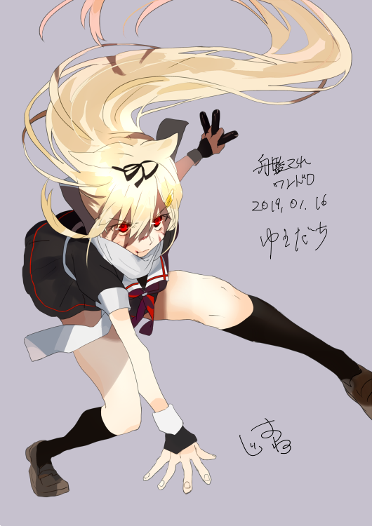 1girl arm_between_legs black_gloves black_legwear black_ribbon black_serafuku black_skirt blonde_hair blood blood_from_mouth closed_mouth commentary_request dated eyebrows_visible_through_hair feet_out_of_frame fingerless_gloves fingernails gloves grey_background hair_between_eyes hair_flaps hair_ornament hair_ribbon hairclip hatu_xxgoukan holding holding_torpedo injury kantai_collection kneehighs leaning_forward loafers long_hair neckerchief pose red_eyes red_neckwear remodel_(kantai_collection) ribbon sailor_collar scarf school_uniform serafuku shaded_face shoes short_sleeves signature simple_background skirt solo torpedo translated white_sailor_collar white_scarf yuudachi_(kantai_collection)