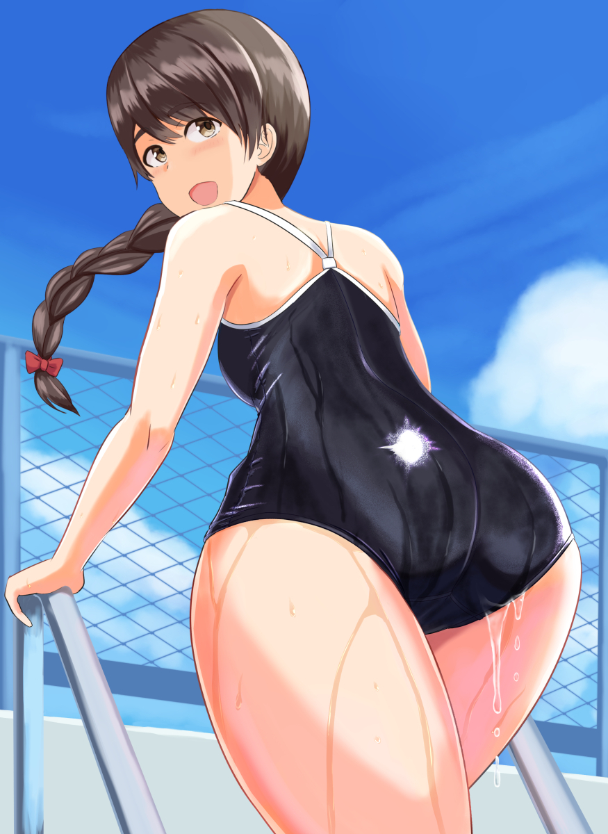 1girl ass back blue_sky braid breasts brown_eyes brown_hair chain-link_fence clouds cloudy_sky commentary_request competition_school_swimsuit competition_swimsuit day eyebrows_visible_through_hair fence highres kantai_collection long_hair looking_at_viewer looking_back mayomaru1 one-piece_swimsuit open_mouth outdoors pool_ladder poolside school_swimsuit shiny shiny_clothes single_braid sky small_breasts smile solo standing swimsuit uranami_(kantai_collection) wading