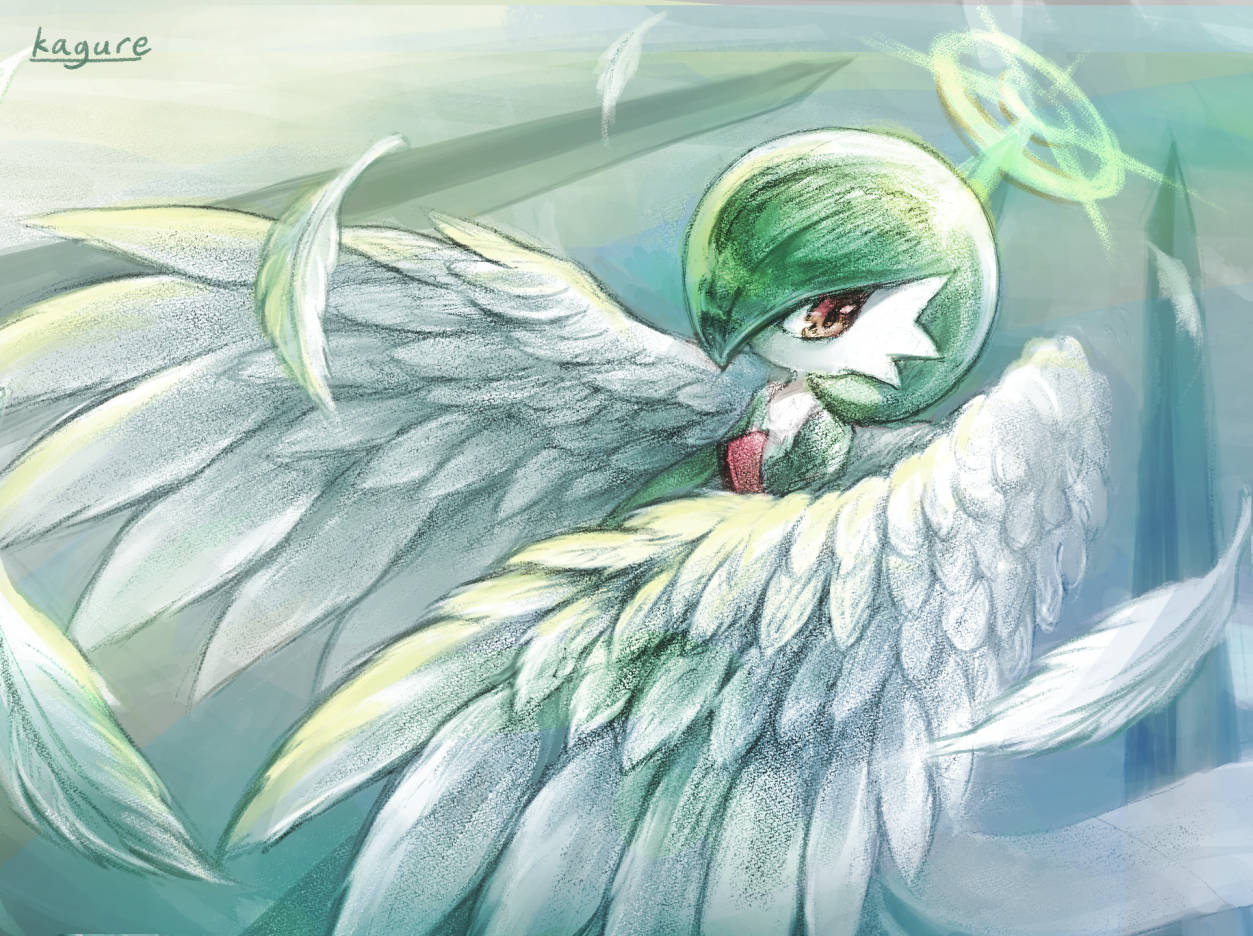 1girl angel angel_wings artist_name commentary_request feathered_wings feathers gardevoir gen_3_pokemon green_hair green_skin hair_over_one_eye halo jpeg_artifacts kagure_(karaguren) no_humans no_mouth orange_eyes pokemon pokemon_(creature) short_hair signature solo two-tone_skin white_skin wings