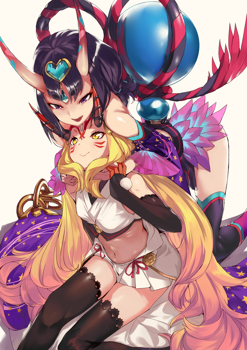 2girls bangs bare_shoulders black_gloves black_legwear blonde_hair blush breasts chinese_clothes closed_mouth commentary_request crop_top detached_sleeves dudou eyeliner facial_mark fate/grand_order fate_(series) forehead_jewel forehead_mark fundoshi gloves gourd headpiece heart horns ibaraki_douji_(fate/grand_order) ibaraki_douji_(swimsuit_lancer)_(fate) japanese_clothes long_hair low_twintails makeup multiple_girls navel ohland oni oni_horns pointy_ears purple_hair rope sash short_eyebrows short_hair short_twintails shuten_douji_(fate/grand_order) shuten_douji_(halloween_caster)_(fate) simple_background skirt small_breasts smile star star_print swimsuit tattoo thigh-highs thighs twintails very_long_hair violet_eyes white_background white_skirt yellow_eyes