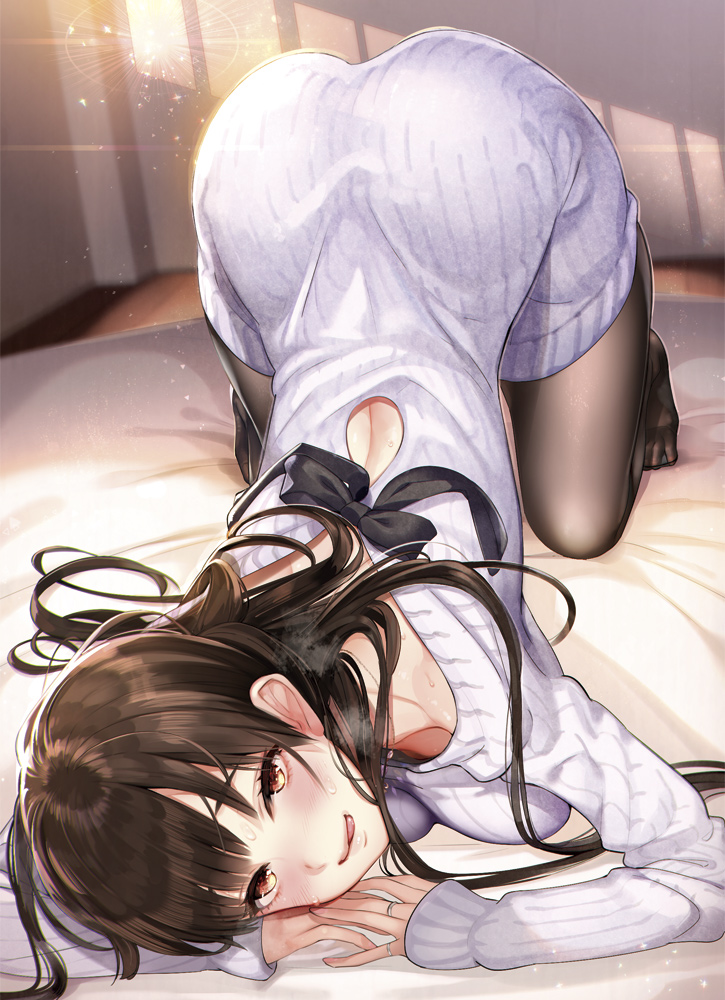 1girl ass bangs black_legwear blush breasts brown_eyes brown_hair commentary_request dress eyebrows_visible_through_hair hayakawa_akari indoors jewelry large_breasts lens_flare licking_lips light_particles long_hair looking_at_viewer multiple_rings on_bed original pantyhose purple_sweater ring sidelocks solo sweat sweater sweater_dress tongue tongue_out top-down_bottom-up wedding_ring
