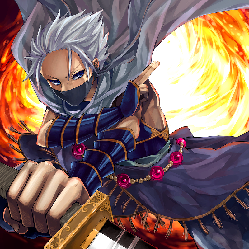 blue_eyes cape edward_geraldine final_fantasy final_fantasy_iv fire koushi_rokushiro male ninja solo sword weapon white_hair