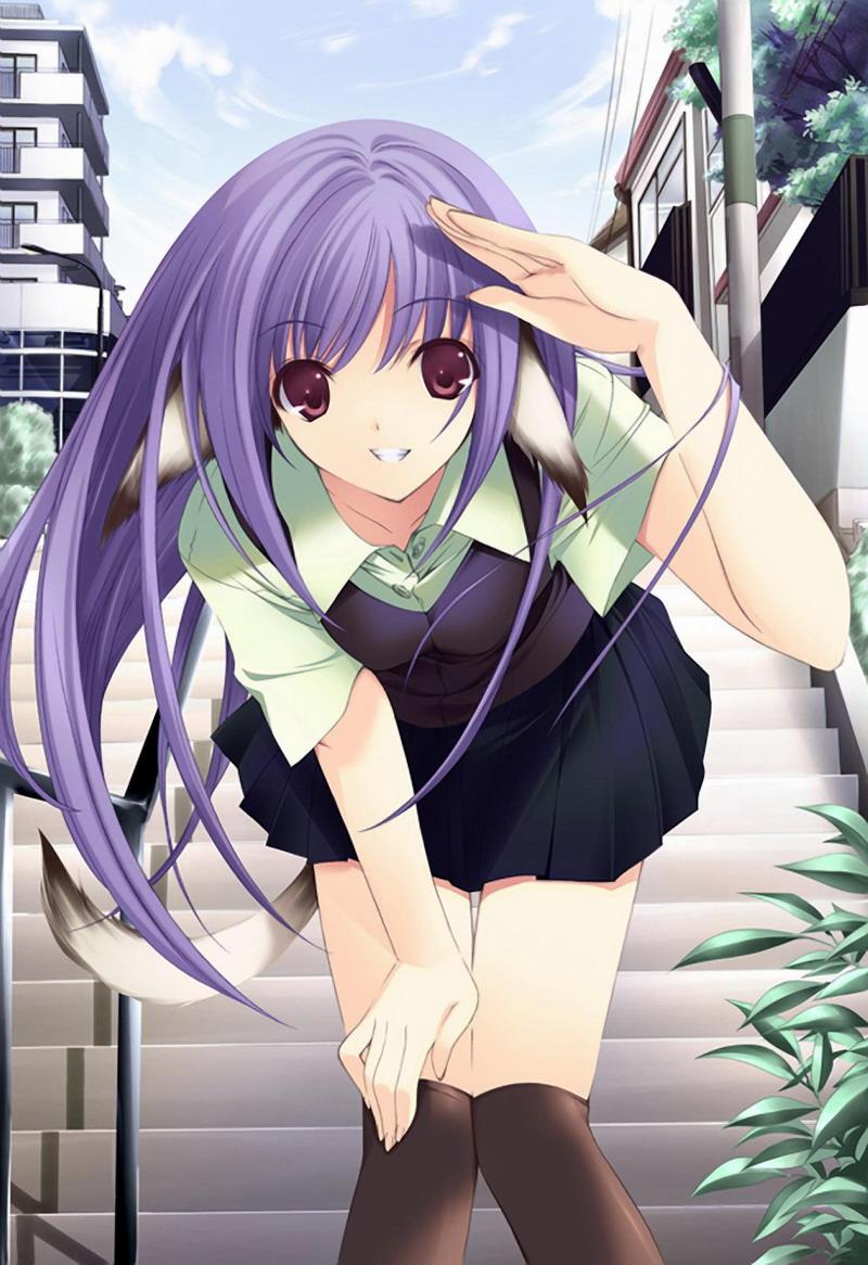 bent_over leaning_forward long_hair pink_eyes purple_hair school_uniform sky socks stairs