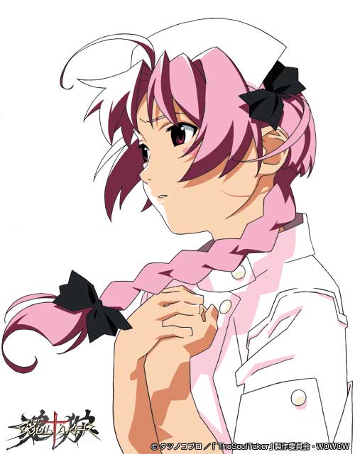 blush_stickers bow braid hair_bow hands_clasped hat jpeg_artifacts nakahara_komugi nurse nurse_cap official_art pink_eyes pink_hair simple_background solo soul_taker