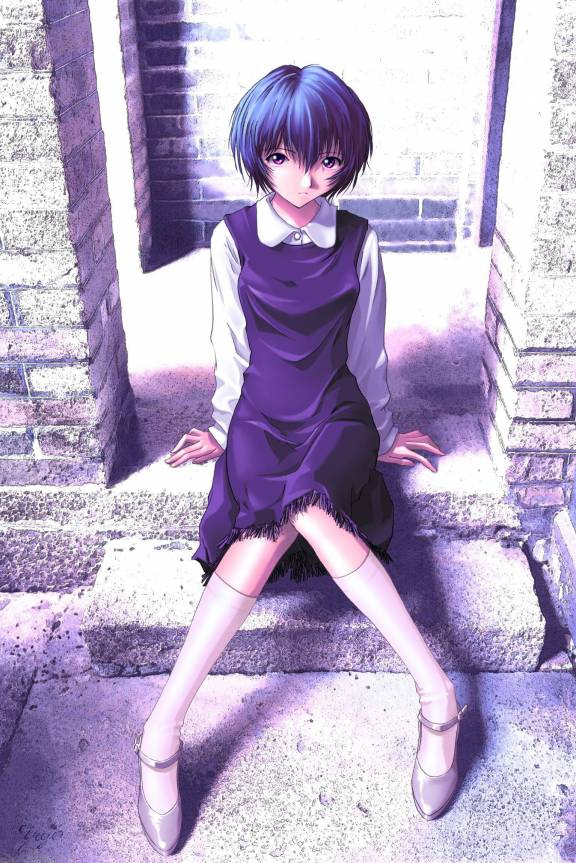 ayanami_rei blue_hair dress kneehighs kobayashi_yuji kobayashi_yuuji neon_genesis_evangelion purple_eyes short_hair sitting socks stairs