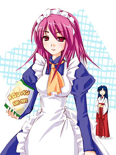 bread food japanese_clothes lowres maid melon_bread meronpan miko piku pink_eyes pink_hair shakugan_no_shana short_hair wilhelmina_carmel