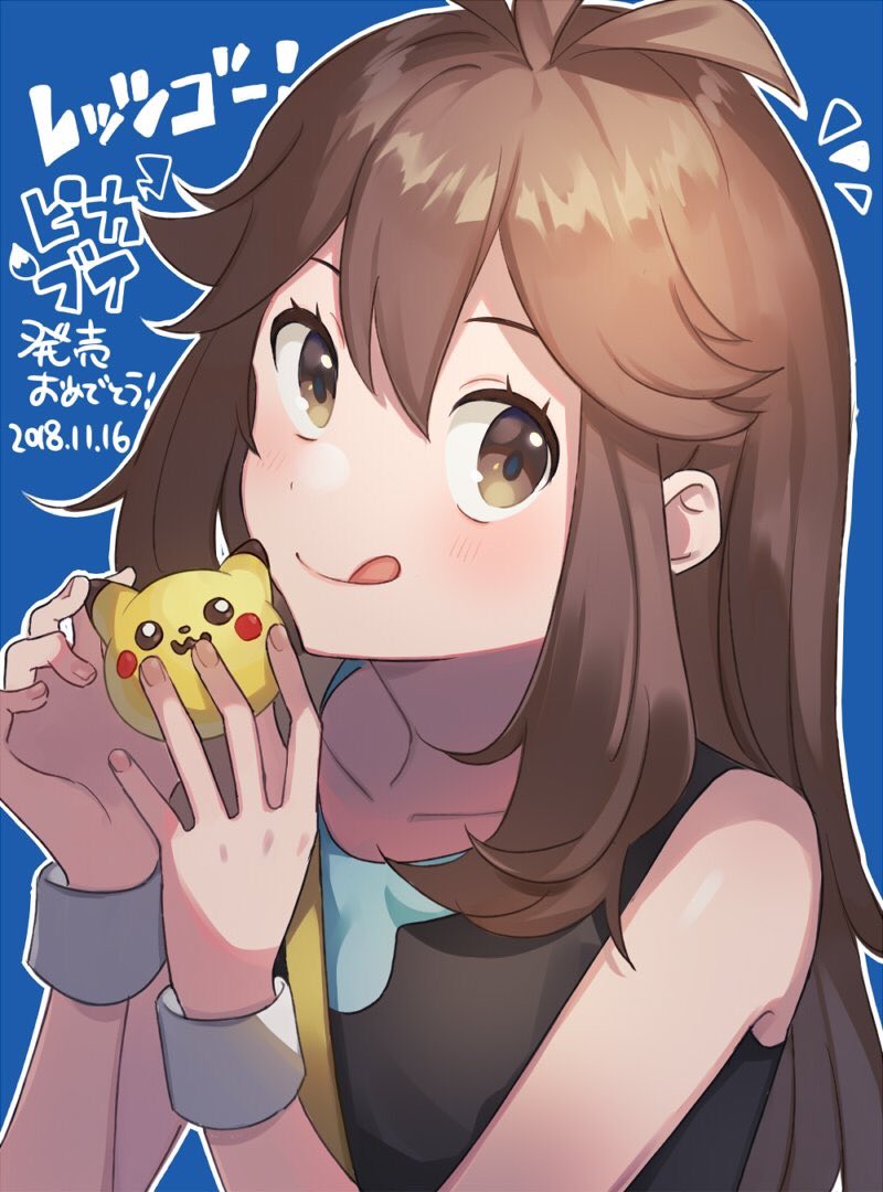 1girl :q blue_(pokemon) blue_background brown_eyes brown_hair closed_mouth commentary dated gen_1_pokemon long_hair pikachu pokemon pokemon_(game) pokemon_lgpe simple_background sleeveless solo tongue tongue_out unapoppo wristband