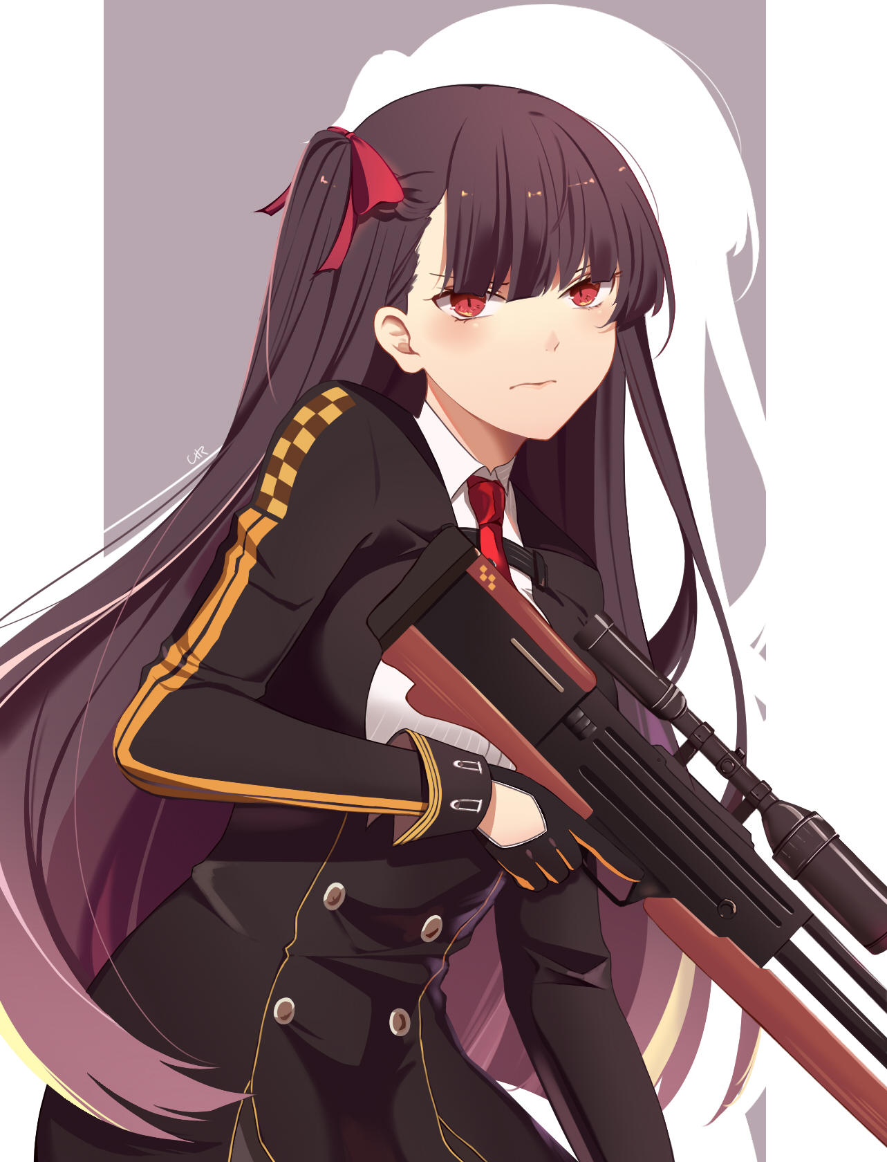 1girl 3: asymmetrical_bangs bangs black_gloves blunt_bangs blush breasts bullpup checkered chiramisu06 closed_mouth collared_shirt commentary double-breasted dress_shirt drop_shadow english_commentary engrish_commentary eyebrows_behind_hair frown girls_frontline gloves gun hair_ribbon highres holding holding_gun holding_weapon large_breasts long_hair long_sleeves looking_at_viewer necktie one_side_up pantyhose purple_hair red_eyes red_neckwear red_ribbon ribbon rifle scope serious shirt sniper_rifle solo straight_hair trigger_discipline wa2000_(girls_frontline) walther walther_wa_2000 weapon white_shirt wing_collar