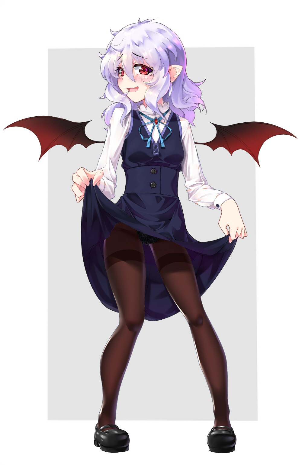 1girl alternate_costume bat_wings black_footwear black_legwear black_panties black_skirt black_vest black_wings blue_ribbon blush brooch embarrassed fang full_body gala_king grey_background hair_between_eyes highres jewelry lace lace-trimmed_panties lavender_hair lifted_by_self long_sleeves looking_at_viewer mary_janes neck_ribbon panties panties_under_pantyhose pantyhose pointy_ears red_eyes remilia_scarlet ribbon shirt shoes skirt skirt_lift skirt_set solo standing thighband_pantyhose touhou two-tone_background underwear vest white_background white_shirt wings