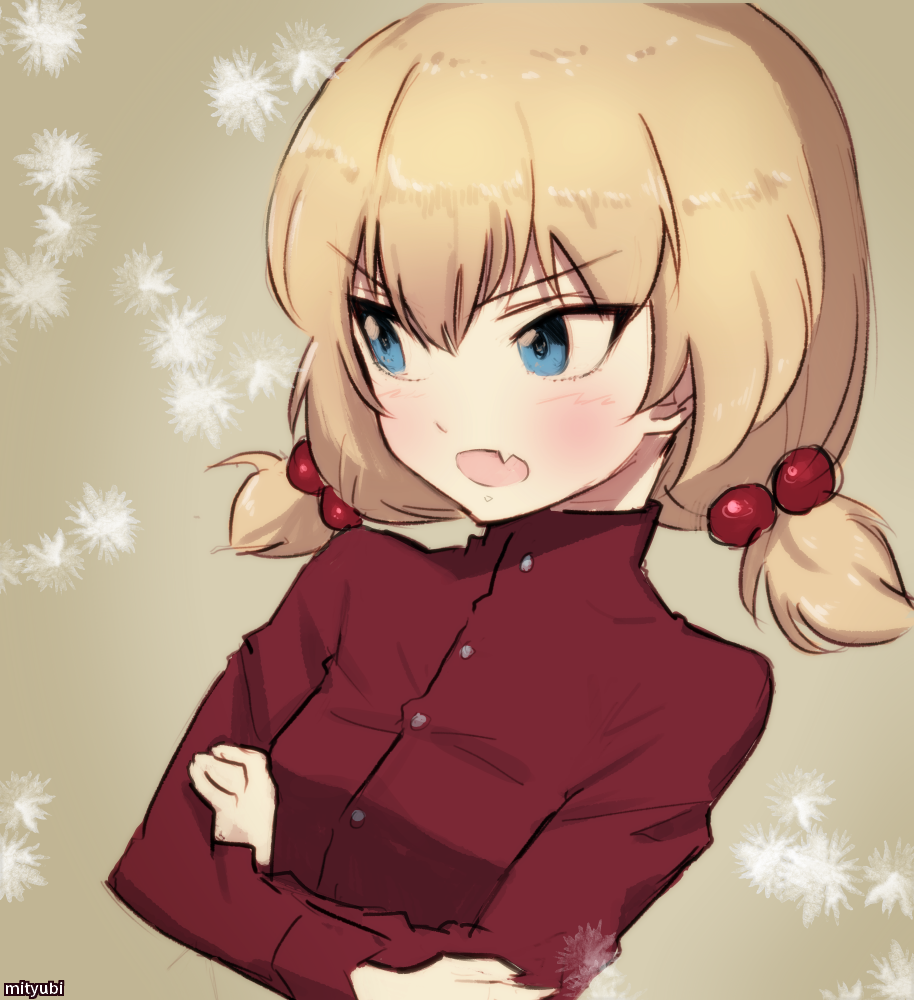 1girl alternate_hairstyle artist_name bangs blush commentary cropped_torso crossed_arms eyebrows_visible_through_hair fang frown girls_und_panzer hair_bobbles hair_ornament katyusha looking_away mityubi no_jacket open_mouth pravda_school_uniform red_shirt school_uniform shirt short_hair short_twintails snowflakes solo turtleneck twintails upper_body v-shaped_eyebrows