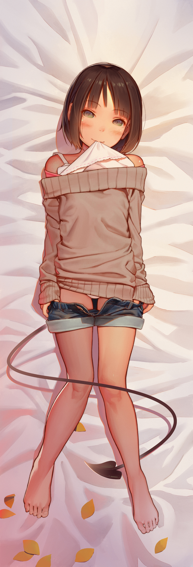 1girl barefoot bed_sheet blush brown_eyes brown_hair brown_sweater demon_tail denim denim_shorts eyebrows_visible_through_hair highres kagamine-ikka legs looking_at_viewer lying mouth_hold on_back original panties petals short_hair shorts shorts_pull smile solo sweater tail underwear white_panties