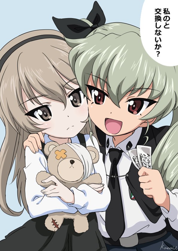 2girls :d anchovy anzio_school_uniform arm_around_shoulder artist_name bangs belt black_belt black_cape black_neckwear black_ribbon black_skirt blue_background boko_(girls_und_panzer) bow bowtie bribery brown_eyes cape casual closed_mouth collared_shirt commentary dress_shirt drill_hair emblem face-to-face frown girls_und_panzer green_hair hair_ribbon holding holding_stuffed_animal kanau light_brown_hair long_hair long_sleeves looking_at_viewer multiple_girls necktie open_mouth red_eyes ribbon school_uniform shimada_arisu shirt side-by-side signature simple_background skirt smile standing stuffed_animal stuffed_toy suspender_skirt suspenders teddy_bear ticket translated twin_drills twintails white_shirt