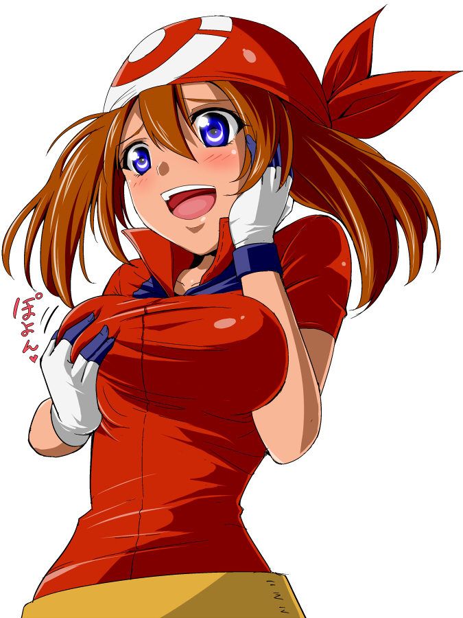 1girl :d bandana blue_eyes blush breasts brown_hair commentary_request furrowed_eyebrows gloves hair_between_eyes hand_on_own_cheek haruka_(pokemon) impossible_clothes impossible_shirt kayama_kenji medium_breasts medium_hair narrow_waist open_mouth poke_ball_print pokemon pokemon_(game) pokemon_rse print_bandana red_bandana red_shirt self_fondle shirt short_sleeves sidelocks simple_background smile solo sound_effects translated upper_body white_background white_gloves