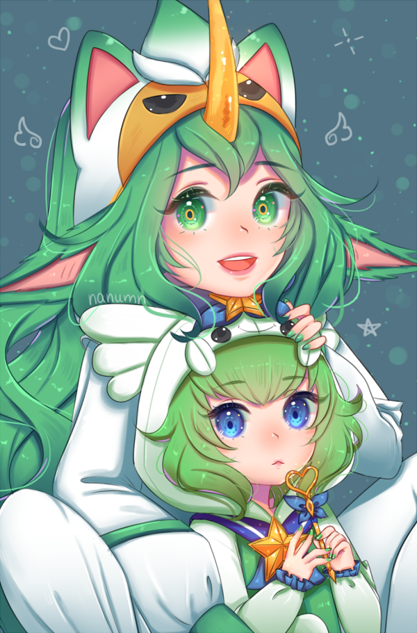 2girls alternate_costume alternate_eye_color alternate_hair_color alternate_hairstyle animal_hood artist_name blue_background blue_eyes breasts gloves green_eyes green_hair green_nails hood horn league_of_legends long_hair looking_at_viewer lulu_(league_of_legends) magical_girl multiple_girls nail_polish nanumn pajamas pointy_ears sitting smile soraka star_guardian_(league_of_legends) star_guardian_lulu star_guardian_soraka very_long_hair wand yordle