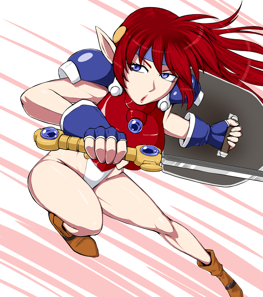 1girl armor bare_legs blue_eyes blue_gloves blue_headband brown_footwear fingerless_gloves full_body gloves headband highleg highleg_leotard holding holding_sword holding_weapon legs leotard long_hair looking_to_the_side mail_(popful_mail) ml open_mouth pointy_ears popful_mail red_armor redhead serious shield shoes solo sword thighs weapon white_leotard