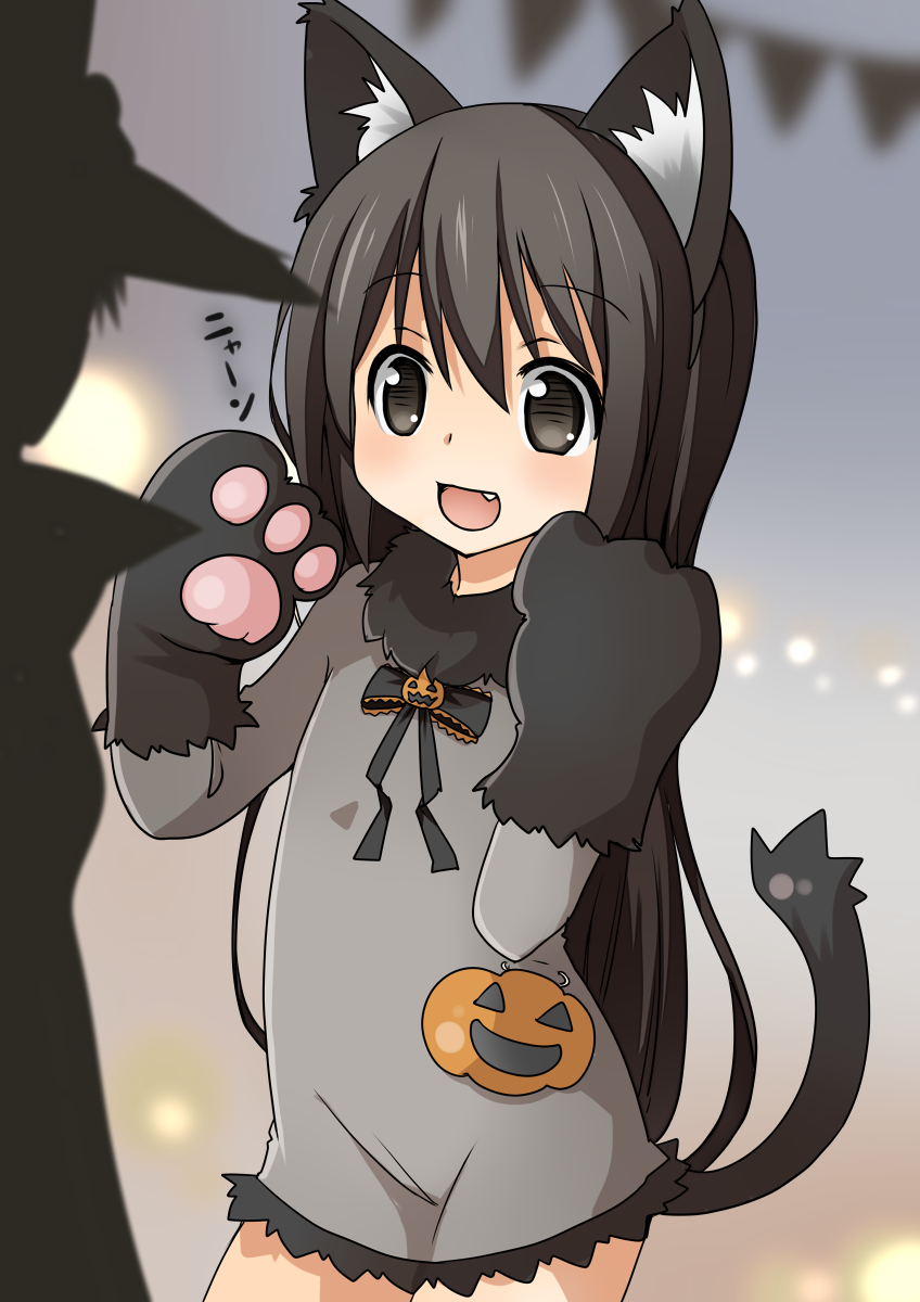 1girl :d animal_costume animal_ears black_eyes black_hair cat_costume cat_ears cat_paws cat_tail commentary_request dress fang frilled_dress frills gia_(abab0707) gloves grey_dress halloween halloween_costume highres jack-o'-lantern_ornament long_hair long_sleeves open_mouth original paw_gloves paws pumpkin short_dress smile tail translated