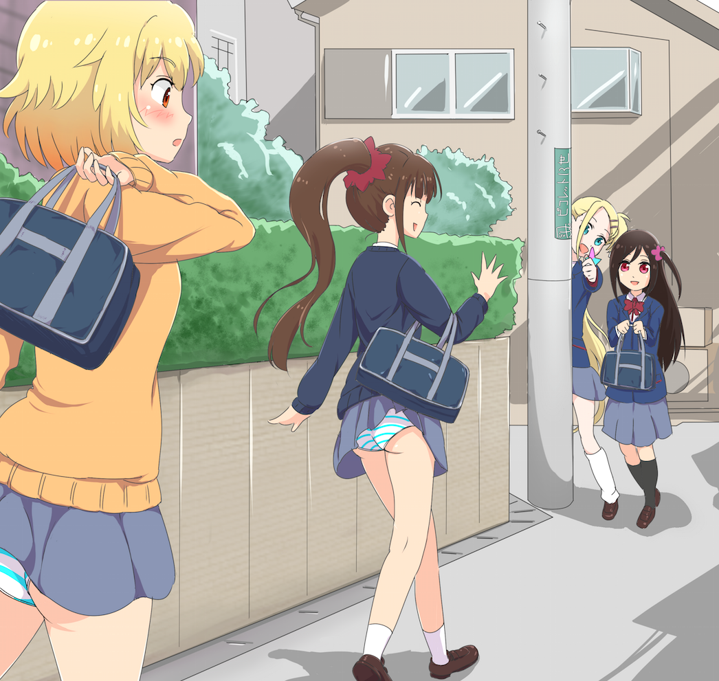 4girls ass black_hair blonde_hair blue_eyes blush brown_hair closed_eyes eyebrows_visible_through_hair flower grey_skirt hair_flower hair_ornament hitori_bocchi hitoribocchi_no_marumaru_seikatsu honshou_aru long_hair miniskirt multiple_girls open_mouth orange_eyes outdoors panties pantyshot pantyshot_(standing) picolette_xiii ponytail red_eyes school_uniform short_hair skirt skirt_lift smile sotoka_rakita standing striped striped_panties sunao_nako sweater underwear