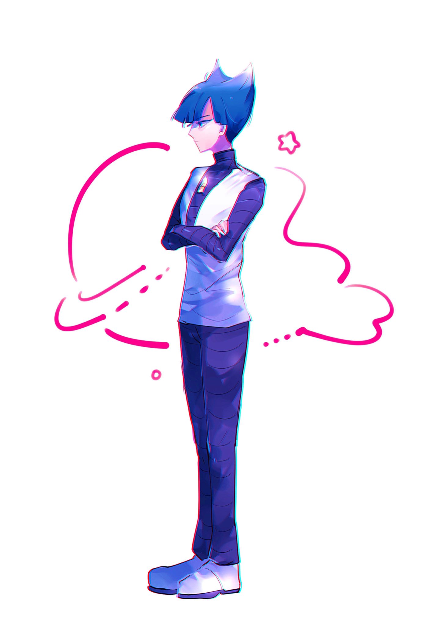 1boy bangs blue_hair blunt_bangs closed_mouth crossed_arms from_side full_body highres logo male_focus midori_(032_pokemon) pants pokemon pokemon_(game) pokemon_dppt saturn_(pokemon) shoes short_hair solo standing star_(symbol) symbol-only_commentary team_galactic team_galactic_uniform vest white_footwear white_vest