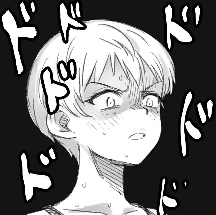 1girl blush constricted_pupils face freckles frown girls_und_panzer greyscale meis_(terameisu) monochrome naomi_(girls_und_panzer) open_mouth shirt short_hair solo translated v-shaped_eyebrows very_short_hair